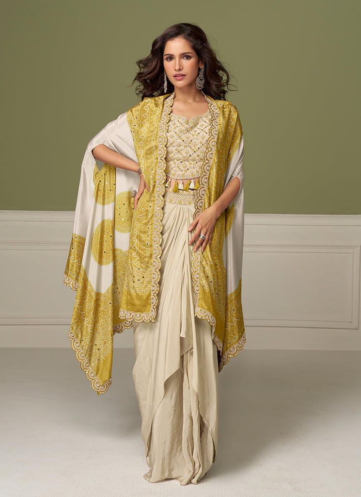 Cream Yellow Embroidery Drape Skirt Set