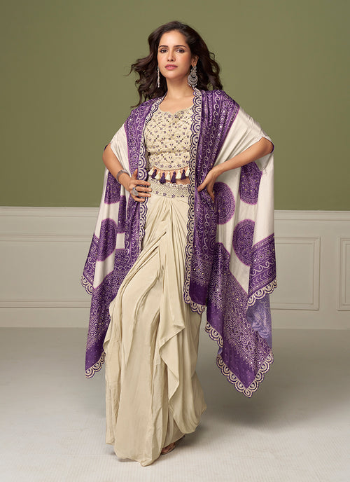 Cream Purple Embroidery Drape Skirt Set