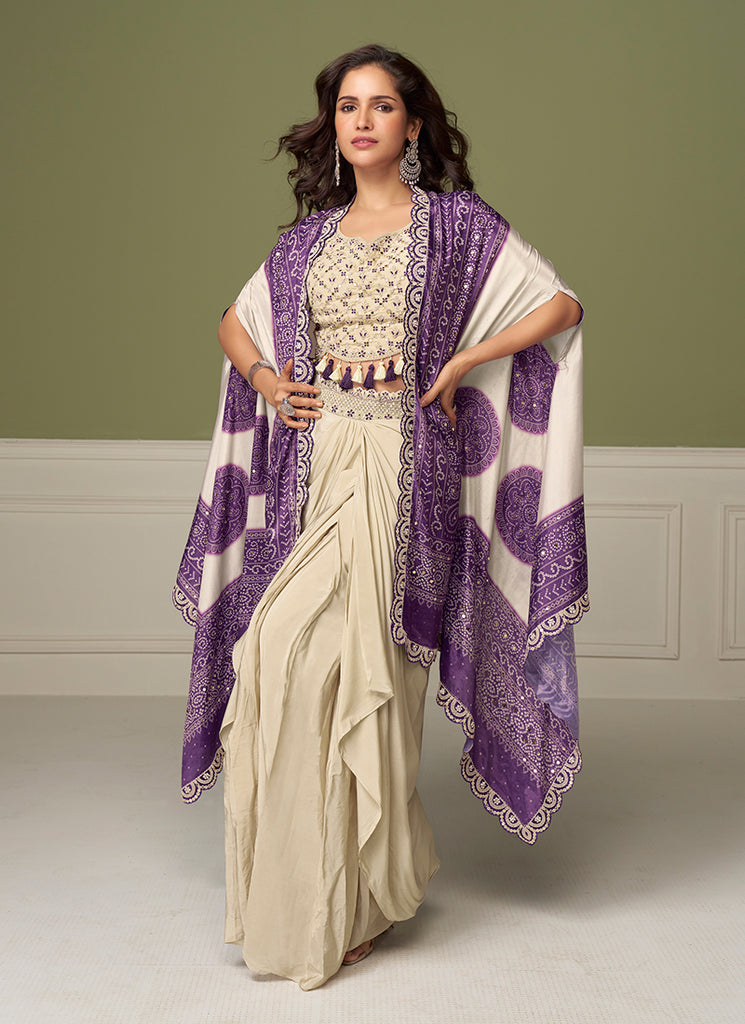 Cream Purple Embroidery Drape Skirt Set