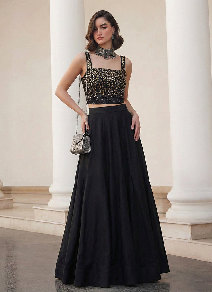 Black Embroidered Premium Silk Skirt Set