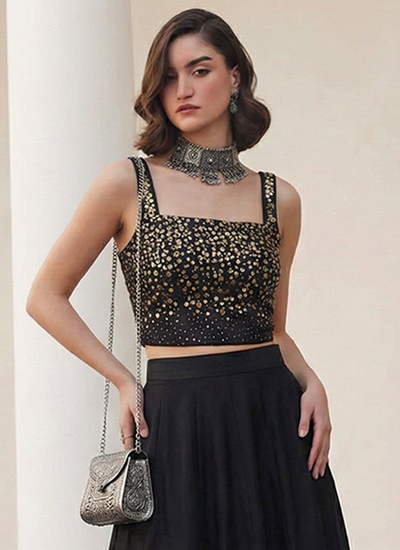 Black Embroidered Premium Silk Skirt Set
