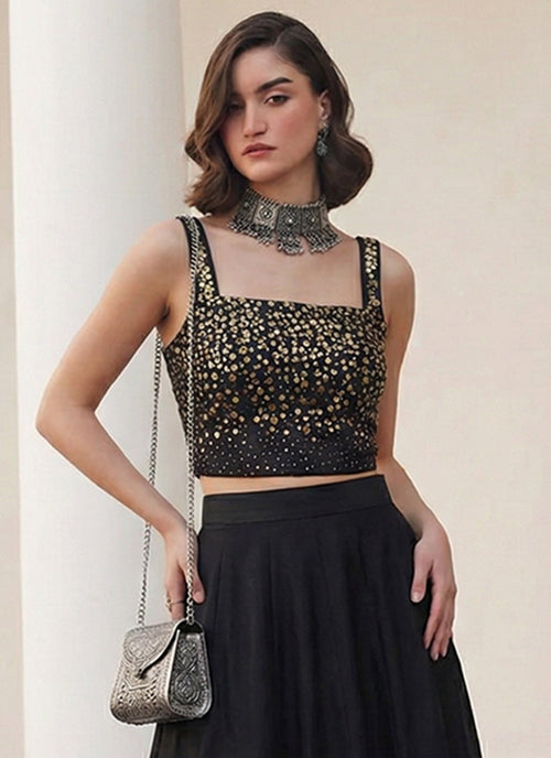Black Embroidered Premium Silk Skirt Set