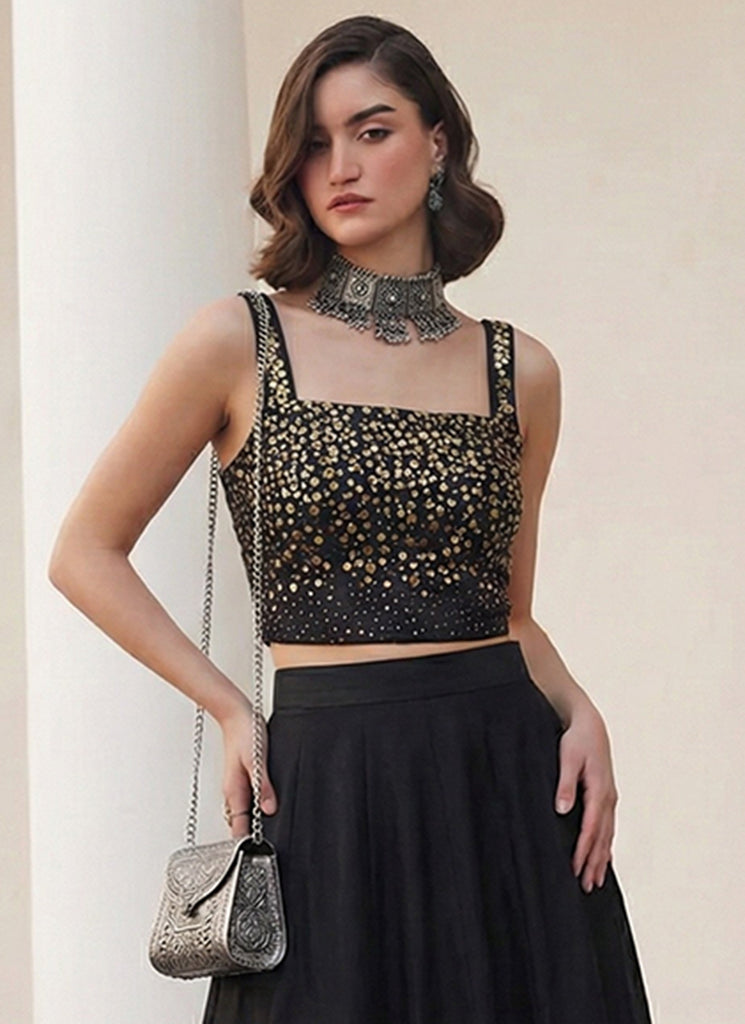 Black Embroidered Premium Silk Skirt Set