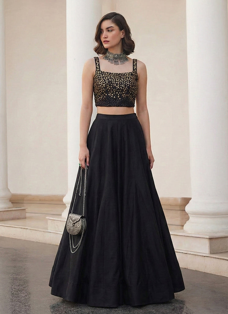 Black Embroidered Premium Silk Skirt Set