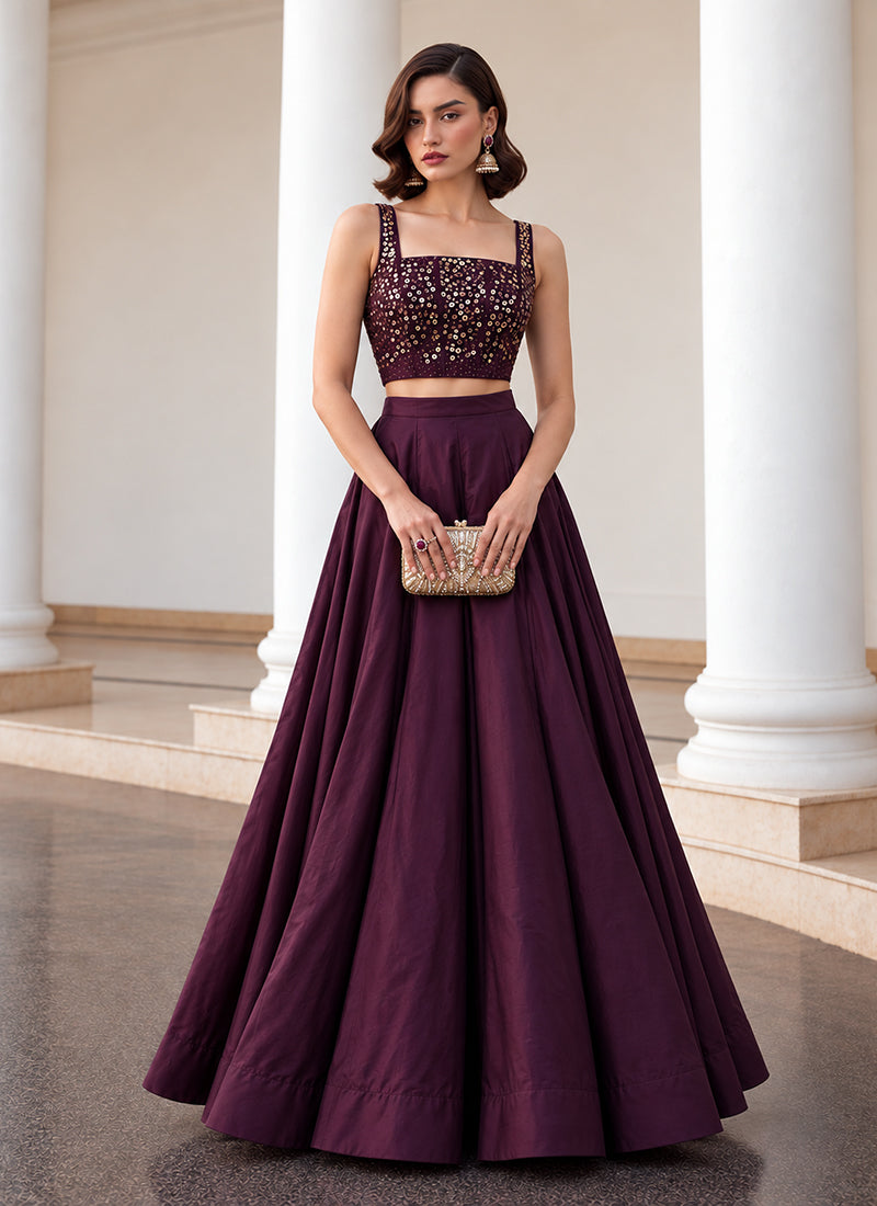 Deep Wine Embroidered Premium Silk Skirt Set