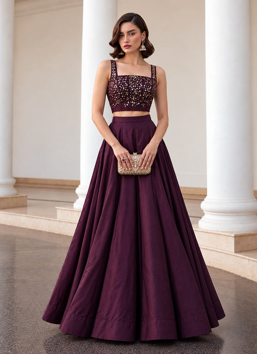 Deep Wine Embroidered Premium Silk Skirt Set