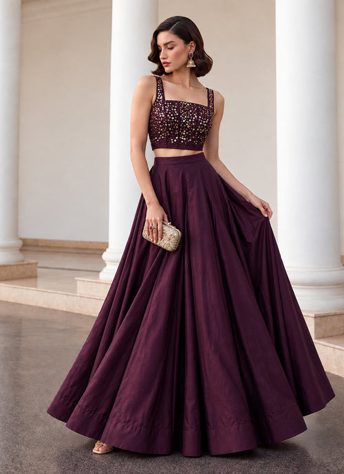 Deep Wine Embroidered Premium Silk Skirt Set