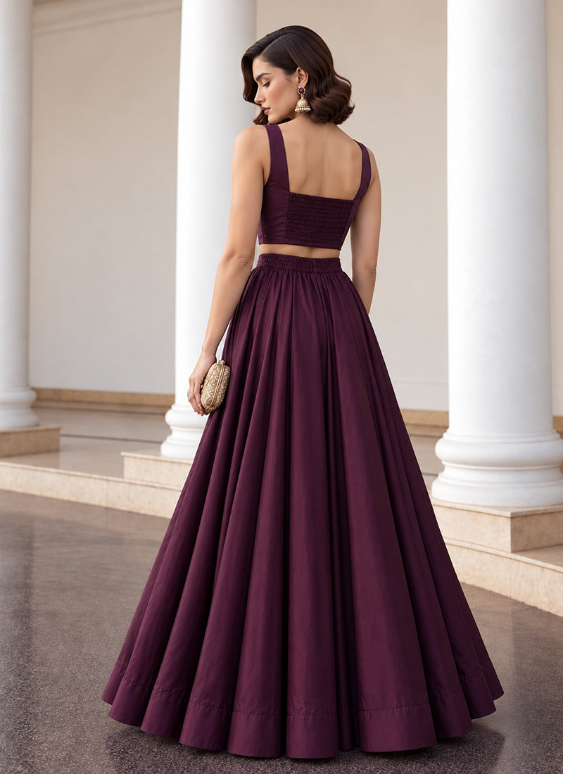 Deep Wine Embroidered Premium Silk Skirt Set