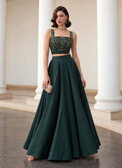 Emerald Green Embroidered Premium Silk Skirt Set