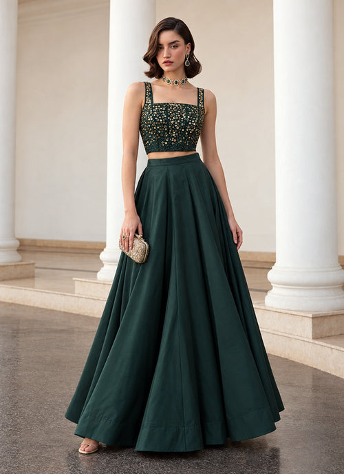 Emerald Green Embroidered Premium Silk Skirt Set