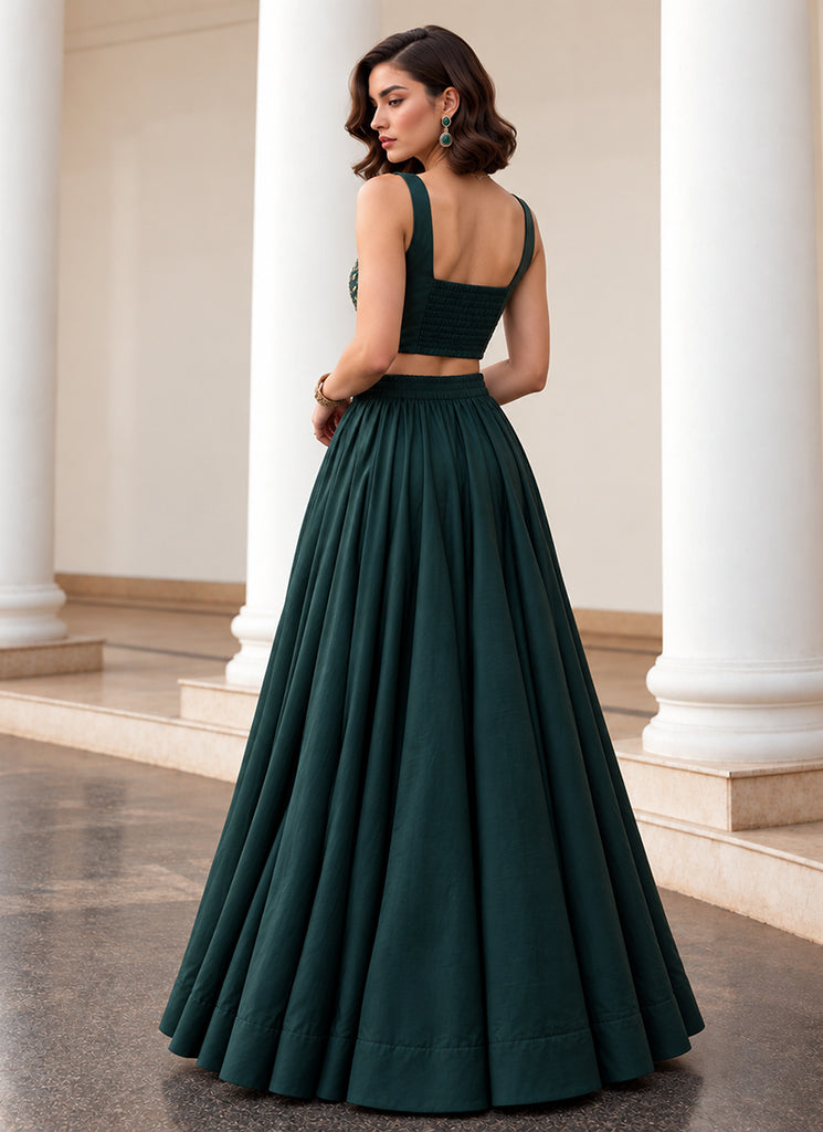 Emerald Green Embroidered Premium Silk Skirt Set