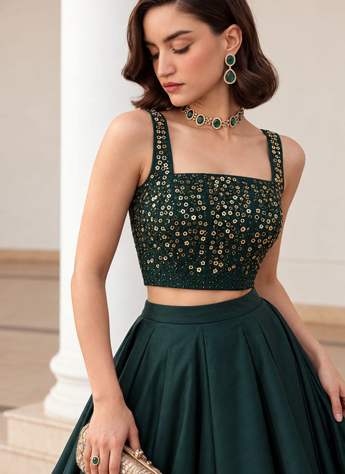 Emerald Green Embroidered Premium Silk Skirt Set