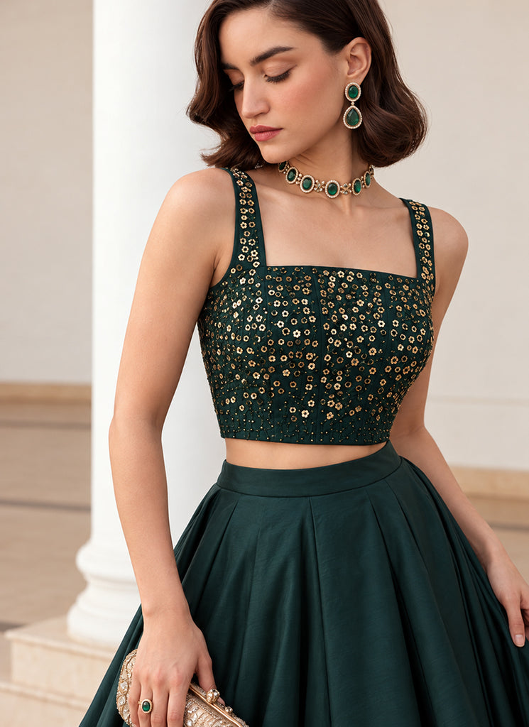 Emerald Green Embroidered Premium Silk Skirt Set