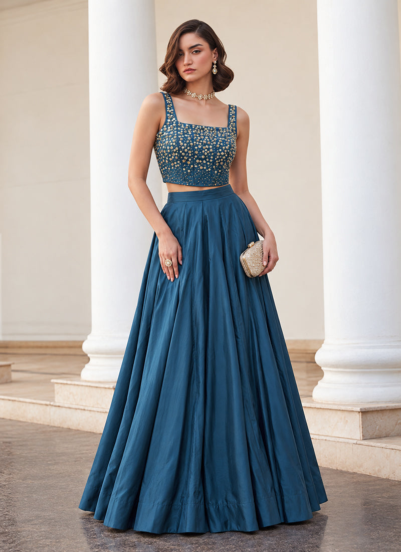 Royal Blue Embroidered Premium Silk Skirt Set