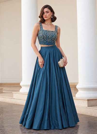 Royal Blue Embroidered Premium Silk Skirt Set