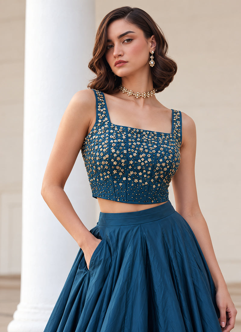 Royal Blue Embroidered Premium Silk Skirt Set