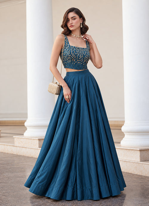 Royal Blue Embroidered Premium Silk Skirt Set