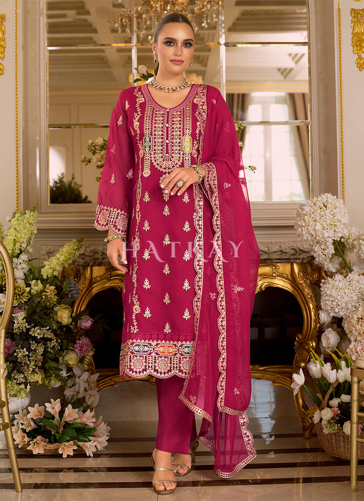 Magenta Embroidered Straight Cut Suit