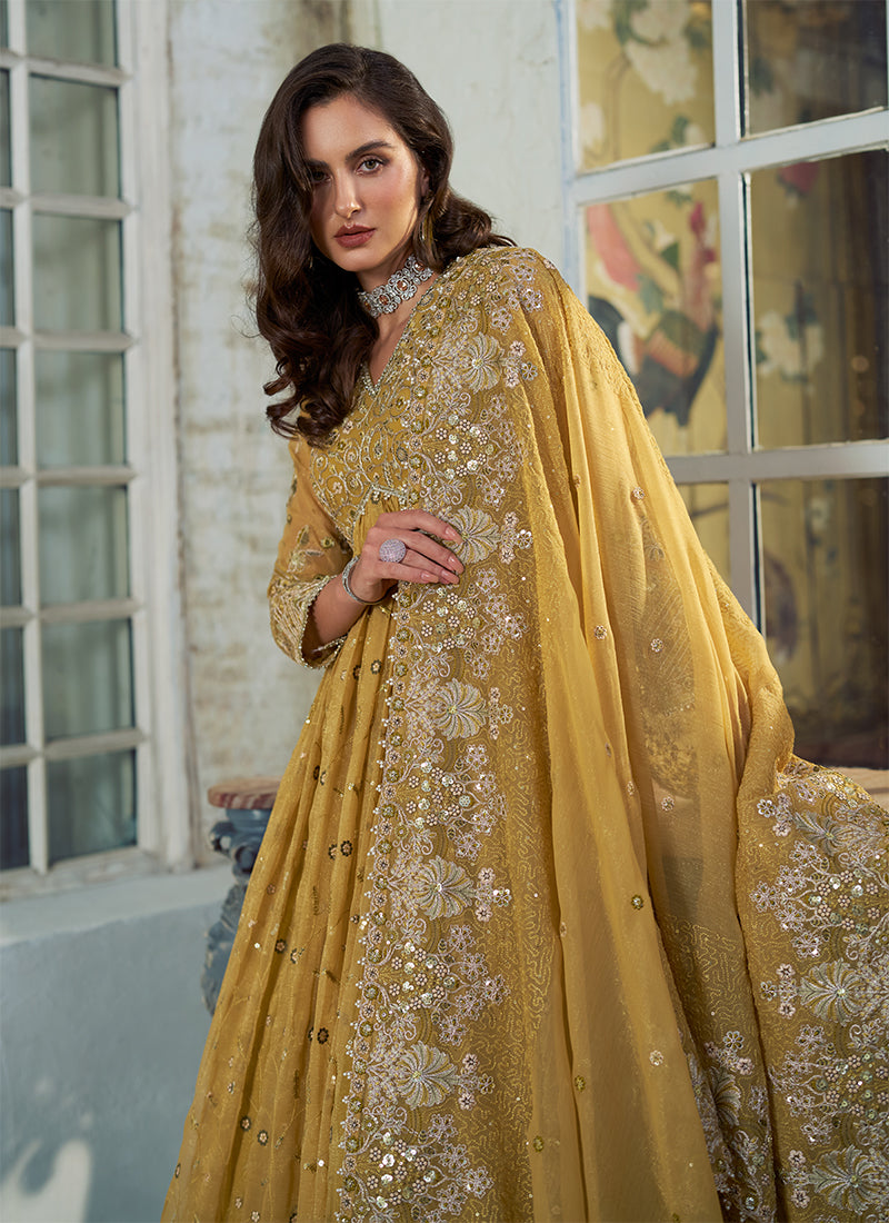 Buy Golden Yellow Anarkali Lehenga Set Online