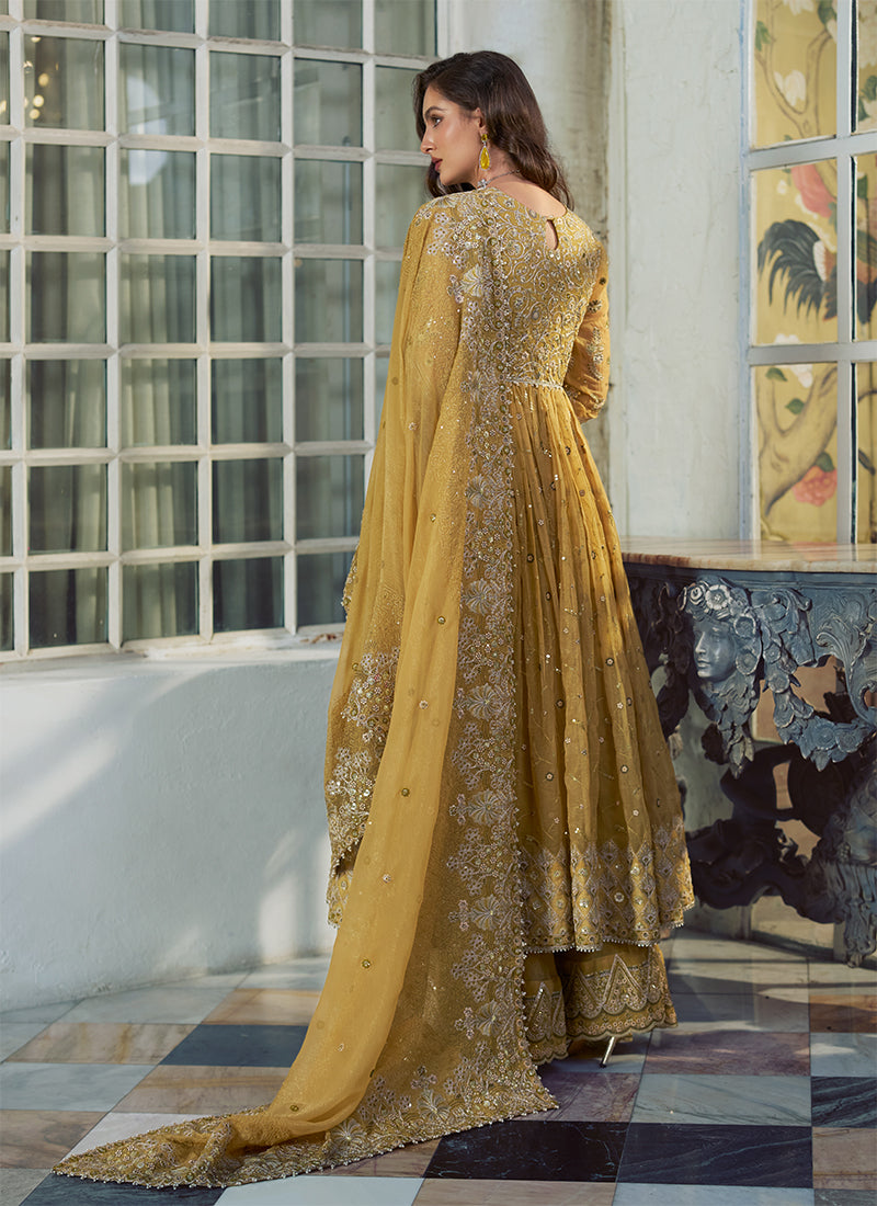 Plus Size Golden Yellow Anarkali Lehenga Set