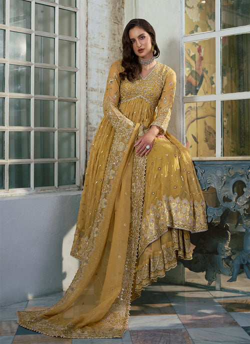 Golden Yellow Anarkali lehenga Set For Wedding