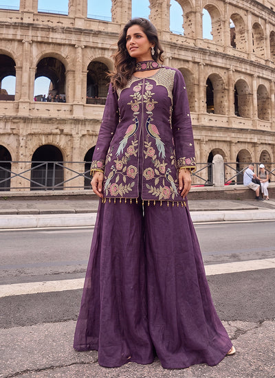 Purple Multicoloured Embroidered Gharara Suit