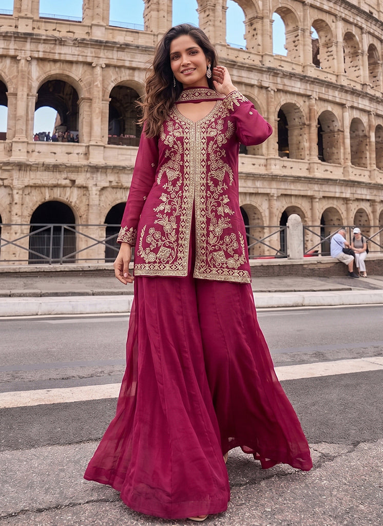 Magenta Pink Cording Embroidered Gharara Suit 