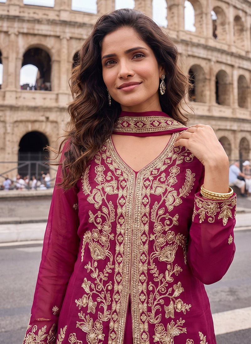 Shop Magenta Pink Cording Gharara Suit Online At Hatkay