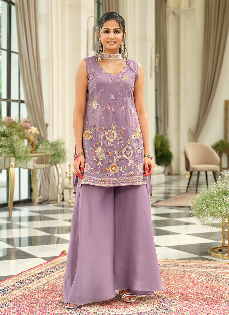 Lavender Multi Embroidery Traditional Palazzo Suit