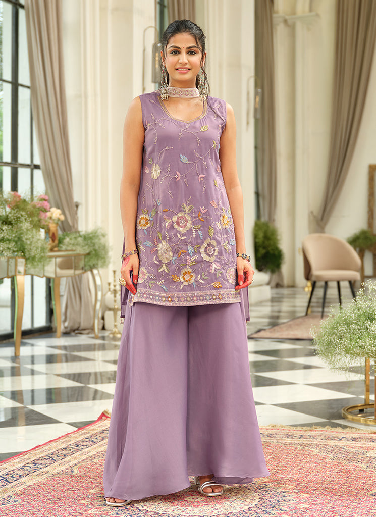 Lavender Multi Embroidery Traditional Palazzo Suit