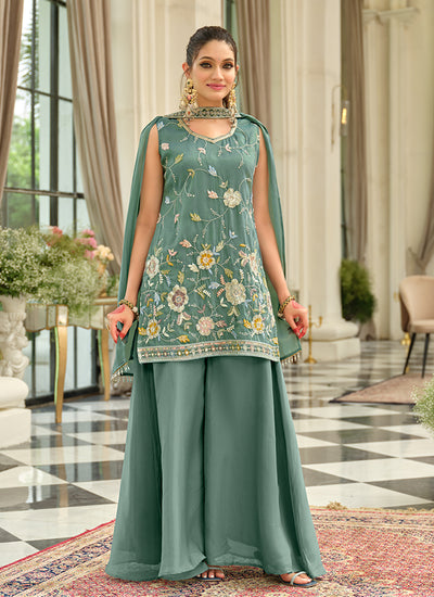 Sage Green Multi Embroidery Traditional Palazzo Suit