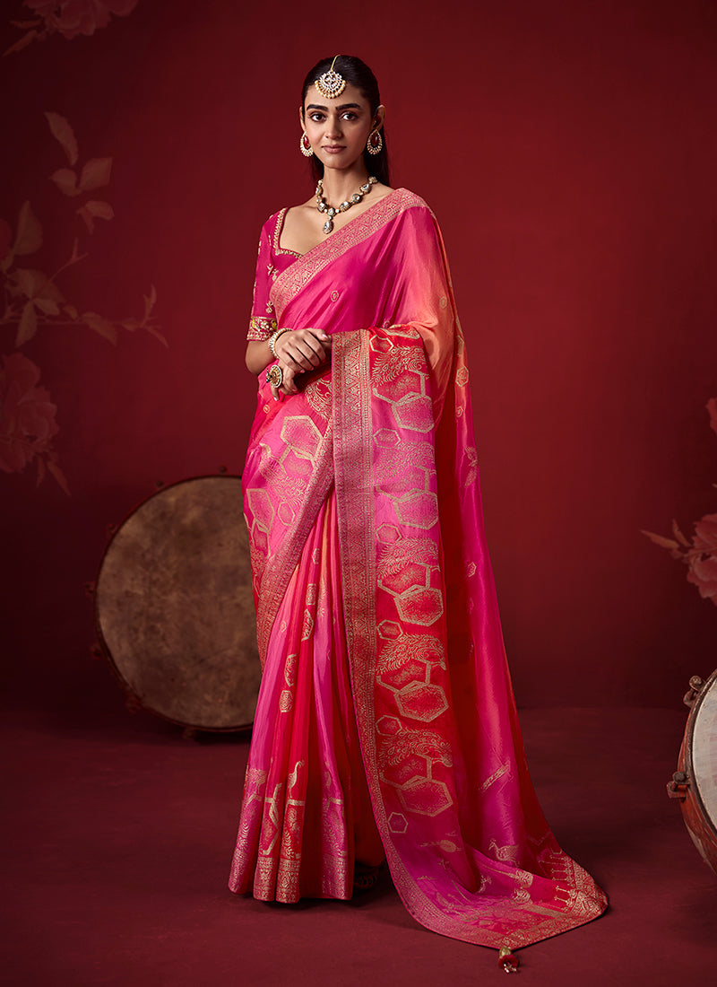 Magenta Orange Zari Woven Crepe Silk Saree 