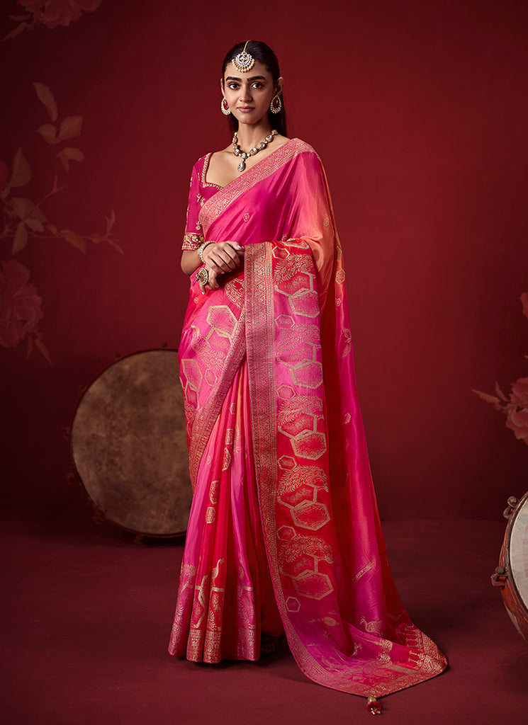 Magenta Orange Zari Woven Crepe Silk Saree 