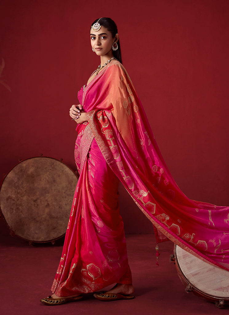 Shop Magenta Orange Zari Silk Saree In UK