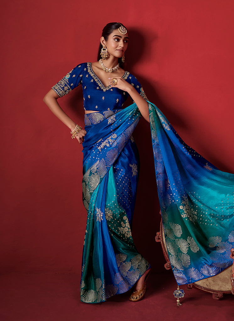 Shop Designer Royal Blue Zari Crepe Silk Saree In Canada