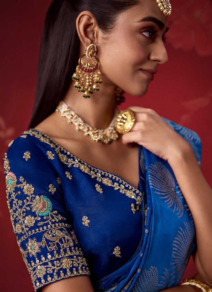 Buy Royal Blue Zari Crepe Silk Saree In UK