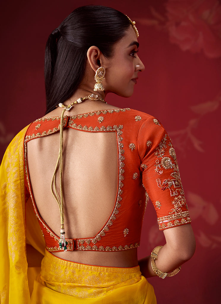 Shop Orange Yellow Crepe Silk Saree In USA