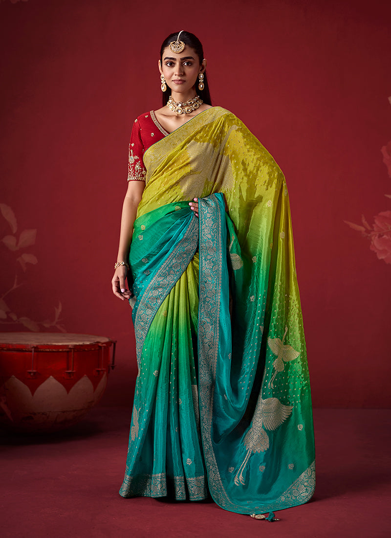 Teal Green Zari Woven Crepe Silk Saree