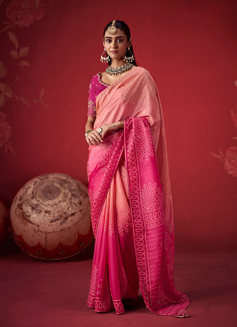 Pink Peach Zari Woven Crepe Silk Saree
