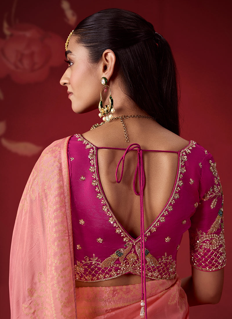 Buy Pink Peach Zari Woven Crepe Silk Saree In Australia

