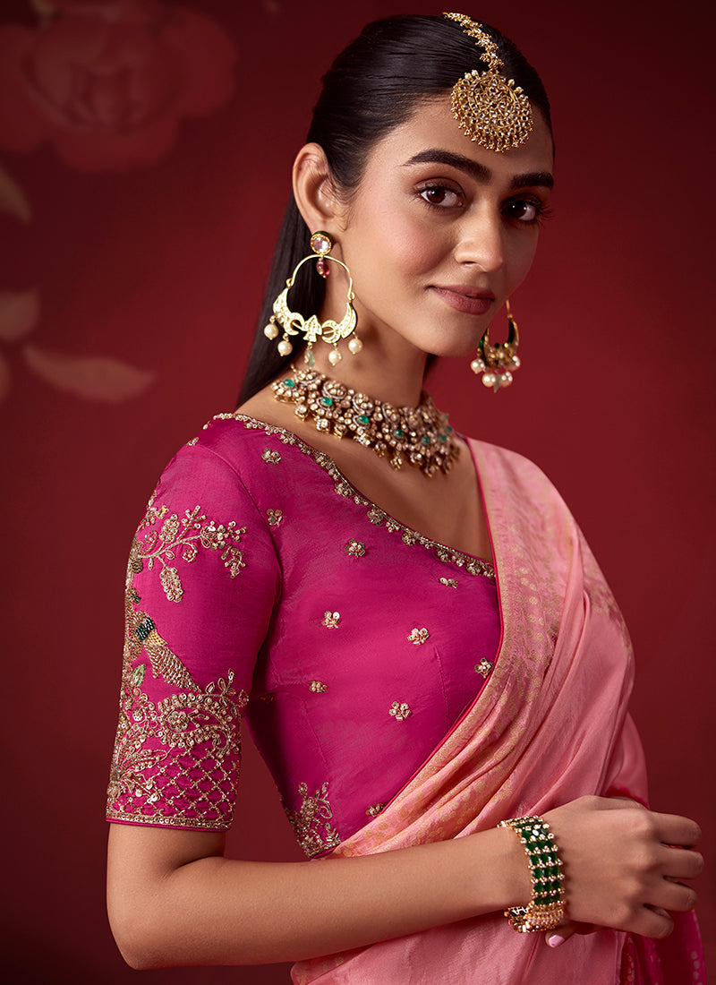 Shop Pink Peach Zari Silk Saree In Canada