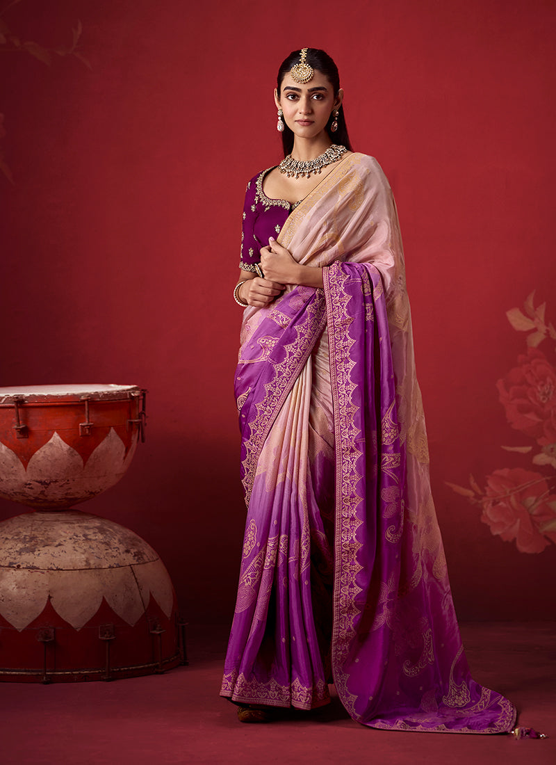 Purple Beige Zari Woven Crepe Silk Saree