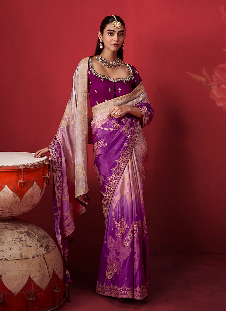 Buy Traditional Purple Crepe Silk Sari At Hatkat