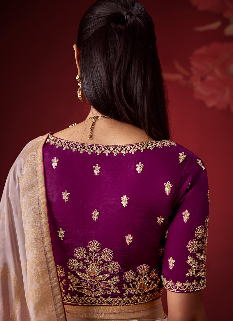 Buy Purple Beige Zari Silk Sari In USA