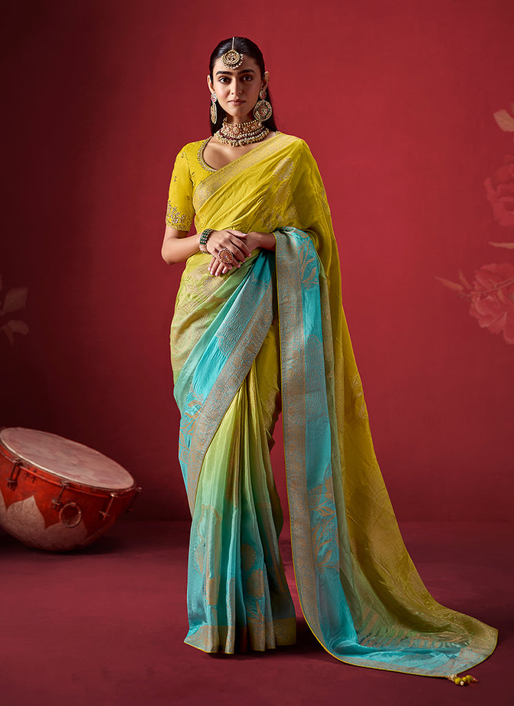 Yellow Teal Zari Woven Crepe Silk Saree
