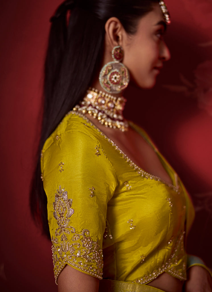Shop Yellow Teal Zari Crepe Silk Sari In UK