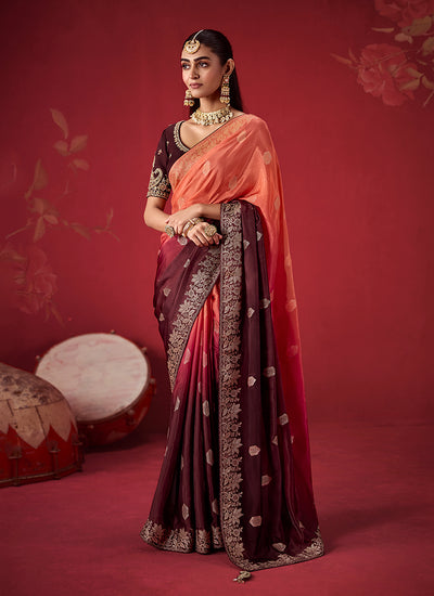 Burgundy Coral Zari Woven Crepe Silk Saree