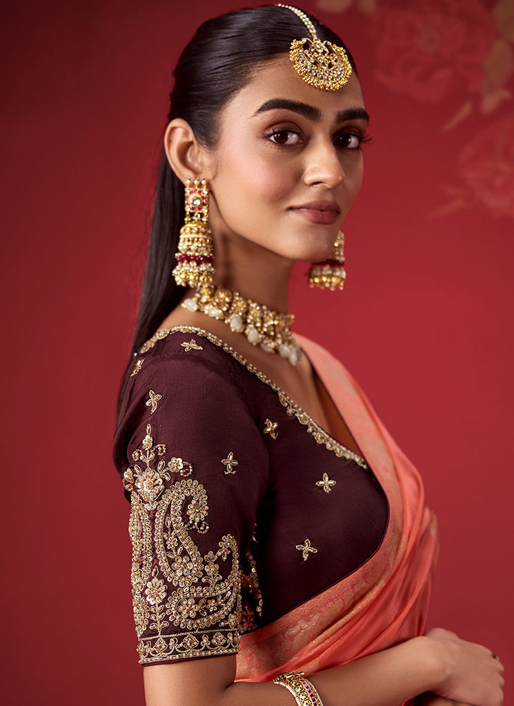 Shop Burgundy Coral Crepe Silk Sari Online In UAE