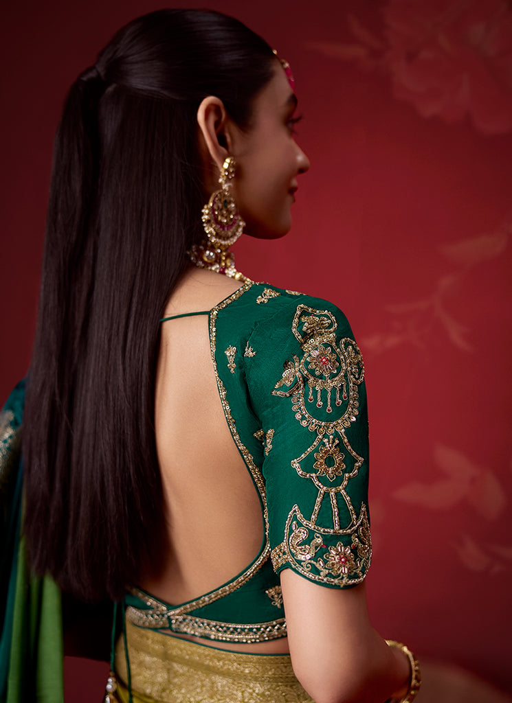 Shop Green Olive Zari Silk Sari Online In USA