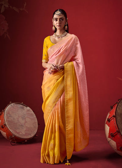 Yellow Pink Zari Woven Crepe Silk Saree